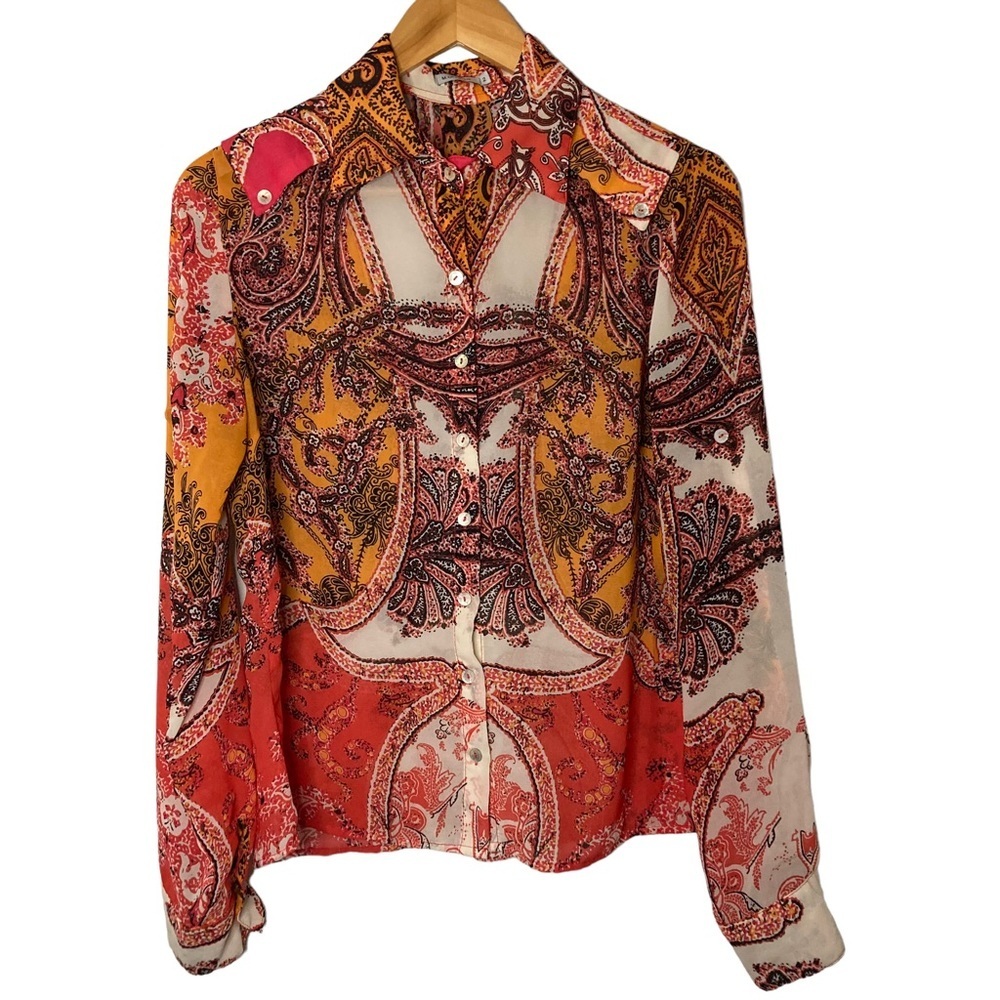M Officer Sheer Paisley Boho Blouse Small 70s Style Y2K Button Up